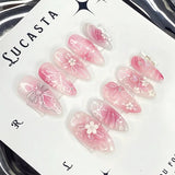 GETADME 24Pcs 3D Strawberry Rabbit Flower Fake Nails Press on Mid-length Almond Wearable False Nails Green Gradient Pearl Manicure Tips