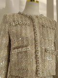 GETADME Small Fragrance Autumn Winter Beading Tweed Pearls Short Jacket Coat + Mini Pleated Skirt Suit Two Piece Sets Womens Outifits
