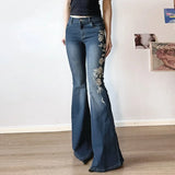 GETADME Retro Y2k Jeans Baggy Floral Embroidery Jeans Women Vintage 2000s Low Rise Flared Denim Pants High Street Basic Trousers