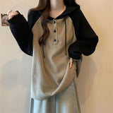 GETADME Women Clothing Fashion Casual Long Sleeve Hoodies Spring Autumn Loose Lazy Style Top Tee Office Lady Button Patchwork Pullover