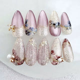 GETADME 24Pcs Metallic Cat Eye French Sheer Manicure Tip Art Textured 3D Acrylic False Nails Nude Pink Almond Medium Press on Fake Nails