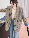 GETADME High Street Y2K Design Graffiti Plaid Blazer Jacket Loose Tailored Coat Women Casual Funny Cartoon Clothes Harajuku New Autumn