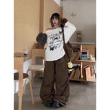 GETADME ZHIZOU Women Goblin Long Trousers Parachute Pants Harajuku Y2K Splice Loose Grunge 2000s Streetwear Hip-pop Brown Sweat Pants