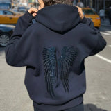 GETADME Retro shiny wings printed long-sleeved zipper casual sweatshirt autumn and winter women's hooded straight pants solid color suit