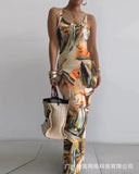 GETADME Dresses For Women 2025 Sexy Spaghetti Strap Color Printed Long Dress Evening Y2k Sleeveless Solid Skinny Bodycon Maxi Vestidos