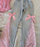 GETADME American Sweetheart Style Deep Blue Mint Green Lace Jeans Y2k Harajuku Splicing Bow Decoration High Waist Micro Bellbottom Pants