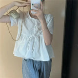 GETADME Ruffles Shirts and Blouses Korea Short Sleeve Top Women 2025 Summer Lace-up Sweet Blouses Cute Elegant Solid Sweet Folds Clothes