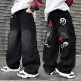 GETADME 2026 Boys' Street Style Straight Jeans: Black Denim with Cartoon Letter Back Print (Ages 4-14