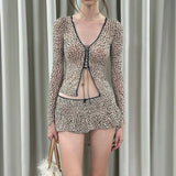 GETADME Spring Sexy Leopard Printed Lace Trim Long Sleeve V Neck Lace Up Cardigan+Mini Skirts Midnight Party Vacation Outfits Clubwear