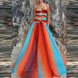 GETADME 레이디 캐주얼 스트랩리스 플리츠 드레스 여름 오프숄더 홀로우 홀리데이 롱 드레스 패션 슬리브리스 쉬폰 프린트 비치 드레스