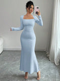 GETADME Women's Four Seasons New Style Women's Elegant Temperament Retro Solid Color Square Collar Long Sleeve Dress