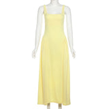 GETADME 2025 Women's Clothing Summer Square Collar Sleeveless Ruched Hem A-line Dresses Elegant Solid High Waist Long Vestidos
