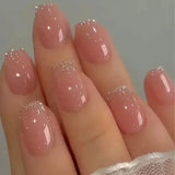 GETADME 24Pcs Short Square Coffin False Nails Square Fake Nails with Glue French Glitter Wearable Acrylic Nails Set Press on Nail Tips