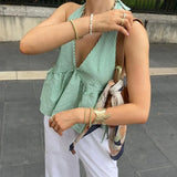 Getadme Bohemian Plaid Babydoll Tank Tops Coquette Tie-up Halter Neck Sleeveless Vest Summer Backless Crop Tops Women Holiday Streetwear