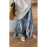 GETADME Retro Tie Dye Midi Skirt for Women in Early Spring Vacation Style, High Waisted A-line Skirt Hanging Long Skirt, Big Swing Skirt