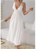 GETADME Sexy Pajamas Long Nightgown Home Wear Fashion Lace Dress For Women Deep V Sleepwear Chiffon Nightdress Wedding Night Clothes