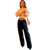 GETADME 2025 New Women's Low Rise Wide Leg Denim Jeans Pant With Chic Studs-Embellished Side Detail High Street Stylish Female Trousers