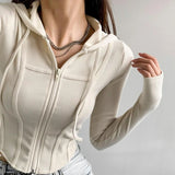 GETADME Thin Hooded Cardigan Women Korean Vintage Slim Summer Solid Sports Jacket Vertical Pit Stripe Zipper Female Sexy Cropped Tops