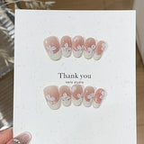 GETADME 10Pcs Cute Cat Eye Almond Fake Nail Blue Shiny with Small Rhinestone Nail Art Nude Color Short Oval Finished Artificial Manicure