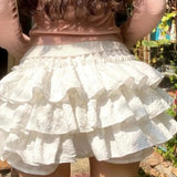 GETADME Kawaii Ball Gown Short Skirt Pleated Ruffles Layered High Waist Solid Mini Cake Skirts Lolita Girl Sweet Cute Elastic Waist  Y2K