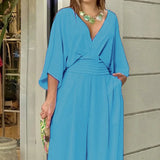 GETADME Elegant Deep V Neck Fashion Women Jumpsuit Bat Sleeves High Waist Wide-leg Loose Commuting Party Club Romper 2025