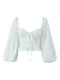 Sexy Women Lace Spliced White Crop Blouse Vintage Lantern Sleeve Back  Bandage  Backless Ladies Summer Tops
