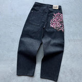 GETADME Y2K 청바지 하라주쿠 고딕 빈티지 매화 자수 패턴 와이드 레그 팬츠 스트리트 캐주얼 힙합 빈티지 아메리칸 청바지 