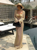 GETADME 2025 Summer Sexy U-neck Bell Sleeve Knit Maxi Dress Women Swimwear Feminine Bikinis Cover-ups Holiday Crochet Beach Dresses K21