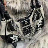 Getadme Patent Leather Canvas Women Tote Shoulder Bag Retro Y2k Cool Girls Chain Purse Handbags Fashion Stars Female Underarm Bags