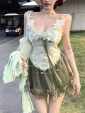 GETADME Japanese Pure Desire Sweet 3 Piece Set Women Chic Cardigan + Lace Top + Mini Fluffy Skirt New Fashion Y2k Slim Suit Spring 2025