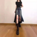 GETADME Vintage High-waisted Denim Skirt American Style Sensibility Petite Fish Tail Skirt Long Dress For Women