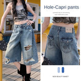 GETADME American High Street Style Ripped Wide Leg Jeans Women Summer New Loose Pear Shape Slimming Small Size Straight Seven-Foot Pants