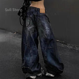 GETADME Blue Womens Jeans High Waist Vintage Design Hip Hop Straight Baggy Denim Pants Street Y2K American Style Wide Leg Denim Trouser