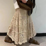 GETADME 2025 Crochet Long Semi Skirt Women Lace Version of Gentle Heavy Industry Retro Hollow Design Elastic Knitted  A-shaped