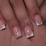 GETADME 24개입 짧은 핑크 프렌치 팁 화이트 러브 하트 가짜 손톱 전체 커버 가짜 손톱 세트 분리형 네일 아트 선물 세트 프레스온 손톱