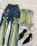 GETADME American Sweetheart Style Deep Blue Mint Green Lace Jeans Y2k Harajuku Splicing Bow Decoration High Waist Micro Bellbottom Pants