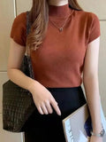 GETADME Women's Half-High Neck T-Shirt Fashion Jumper Casual Tops Korean Style Elegant Solid-Coloured Clothing Spring And Summer Season