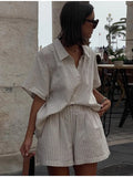 GETADME Vacation Women's Striped Elastic Waist Shorts Set Casual Lapel Single Breasted Short Sleeve Tops Suit Chic 2025 New Lady Outfits