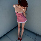 GETADME Candyhot Plaid Y2K Lace Vintage Spaghetti Strap Mini Dresses Backless Aesthetic Casual Slim Dress Evening Party Autumn Vestidos