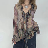 GETADME Y2k Vintage Print Ruffles T-Shirt Sexy Mesh Flare Sleeve Tie-up Cardigans See Through V-neck Tops Street Harajuku Holiday Tee