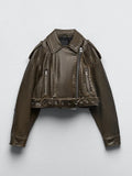 Getadme Women Vintage Loose Pu Faux Leather Short Jacket with Belt Streetwear Female Zipper Retro Moto Biker Coat Outwear Tops