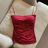 GETADME Women's Sleeveless Pleated Slim Fit Vest Sexy Hot Girl Short Top With Thin Shoulder Straps Solid Color Simple Fashion Vest