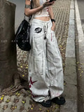 GETADME American Vintage Style Large Pocket Jeans New Fashion Women's Baggy Denim Pants Embroidery Patch Floor-Length Pants