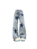 Getadme Women's Baggy Blue Star Jeans Vintage Y2k 90s Aesthetic Denim Trousers Harajuku High Waist Wide Cowboy Pants 2000s Clothes