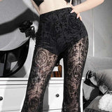 GETADME Y2K Streetwear Plus Size Women Black Lace Sexy Dance Flared Pants Tulle Sheer Pants Dancewear Trousers Gothic Harajuku Pants