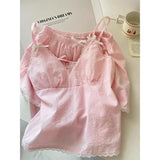 GETADME 레이스 잠옷 여성 파자마 세트 솔리드 한국식 피아마 여름 반바지 세트 2피스 스파게티 스트랩 나이트웨어 캐주얼 홈 슈트