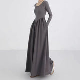 GETADME Korean Slim Waist Long Dresses for Women French Style Patchwork Long Sleeve Dress Woman Elegant Simple O-Neck A-Line Midi Dress