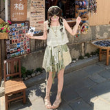 GETADME New Fashion Irregular Midi Skirt Women Vintage Tie Dye Printed a-Line Elegant Lace Patchwork Summer Skirts Y2k Mori Girl