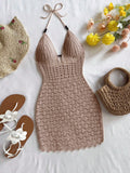 GETADME Women's V-Neck Strapless Dress, Hollow Out, Wooden Bead, Slim Fit, Gradient Color, Knitted, Sexy, Vacation Wear