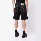 GETADME American fashion flying dog print straight leg denim shorts for men high street casual fashion wide leg five quarter pants
